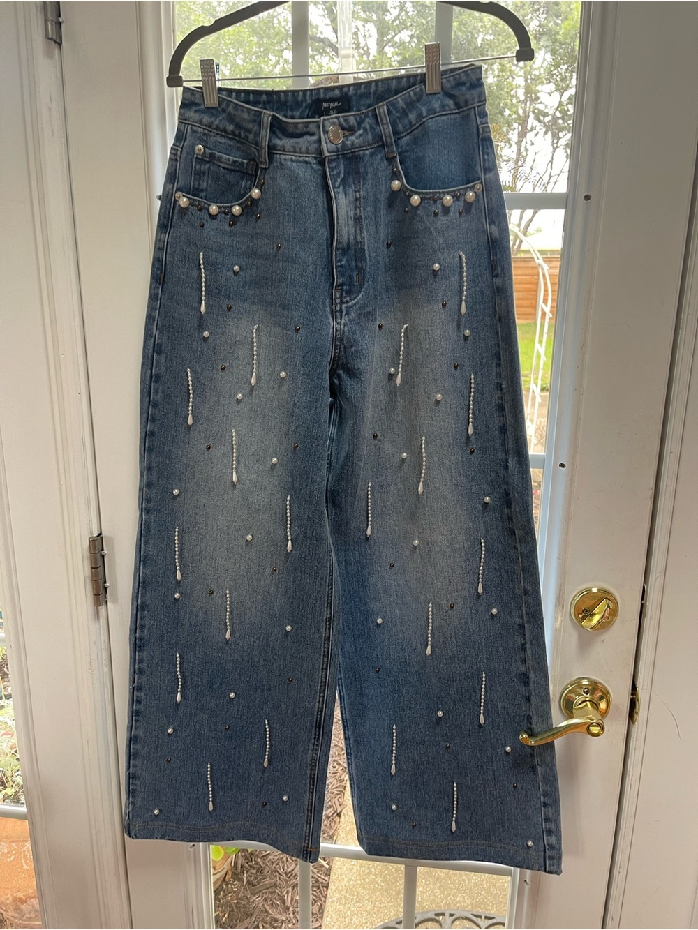 Nasty Gal Blue Denim Wide Leg Jeans with Pearl Embellishments